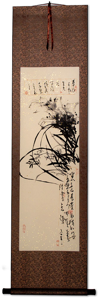 Black Ink Orchid Flower and Poem Wall Scroll