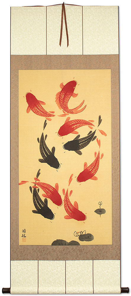 Nine Longevity Koi Fish - Huge Wall Scroll