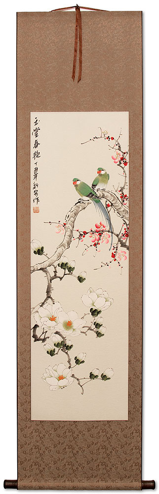 Birds With Yulan Flowers & Plum Blossoms Wall Scroll