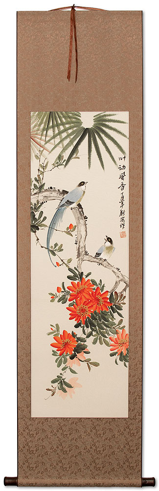 Wind Blows Fragrant Flowers - Bird and Flower Wall Scroll