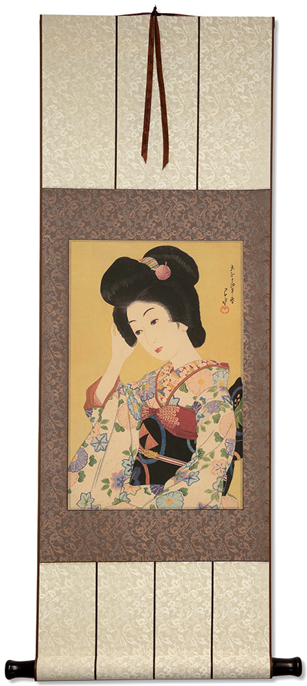 Departing Spring - Japanese Woman Woodblock Print Repro - Wall Scroll