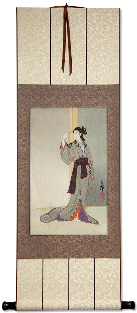 Courtesan with a View of the Rain - Japanese Woodblock Print Repro - Wall Scroll