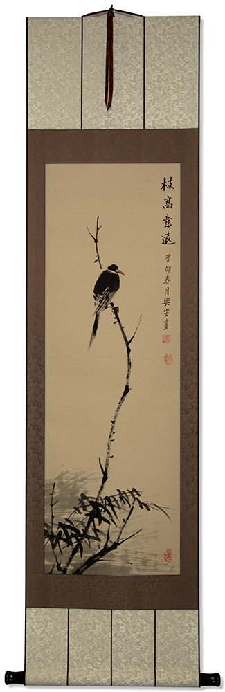 Decorative Shrike Perched In A Dead Tree - Deluxe Hand-painted Wall Scroll