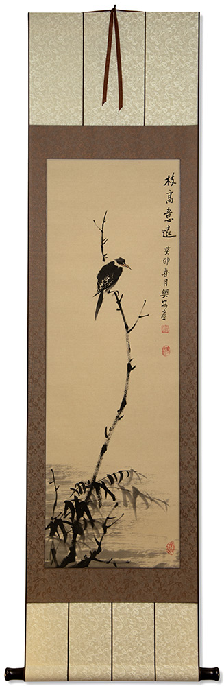 Shrike Perched In A Dead Tree - Deluxe Hand-painted Wall Scroll