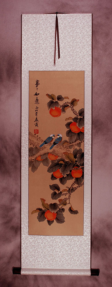 Everything As You Wish Birds & Persimmon Wall Scroll