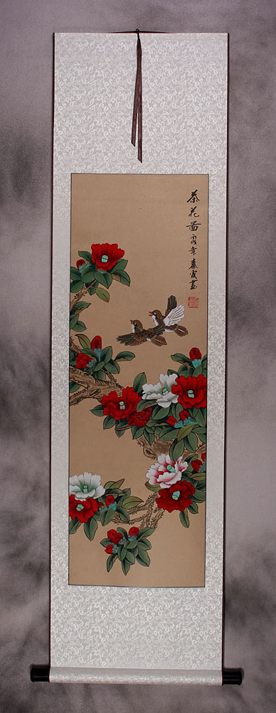 Mountain Tea (Camellia Flower) and Finches Wall Scroll