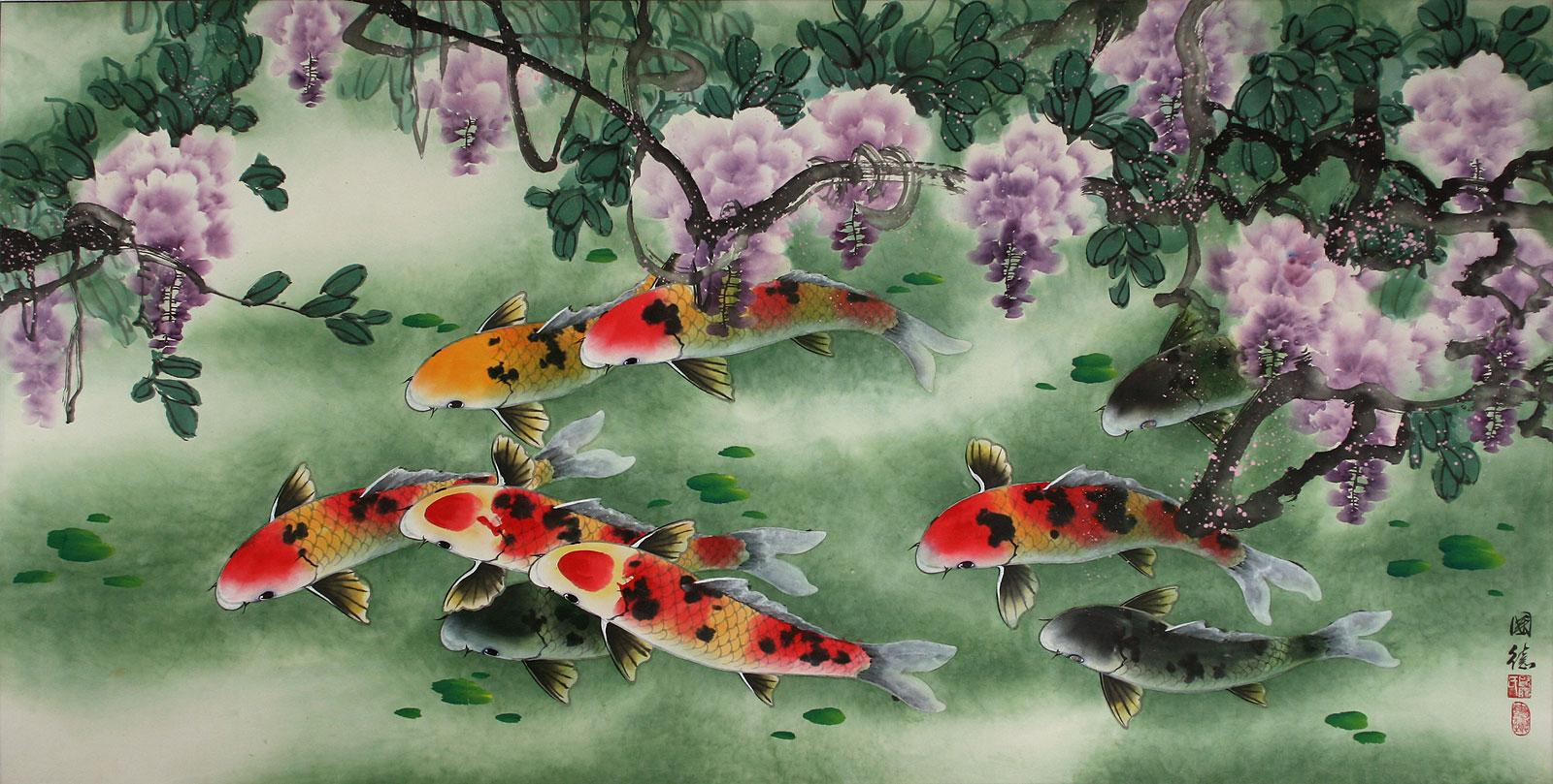 Koi Fish & Purple Flowers Painting