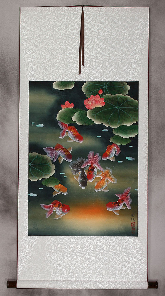 Gold Fish & Flowers - Asian Scroll