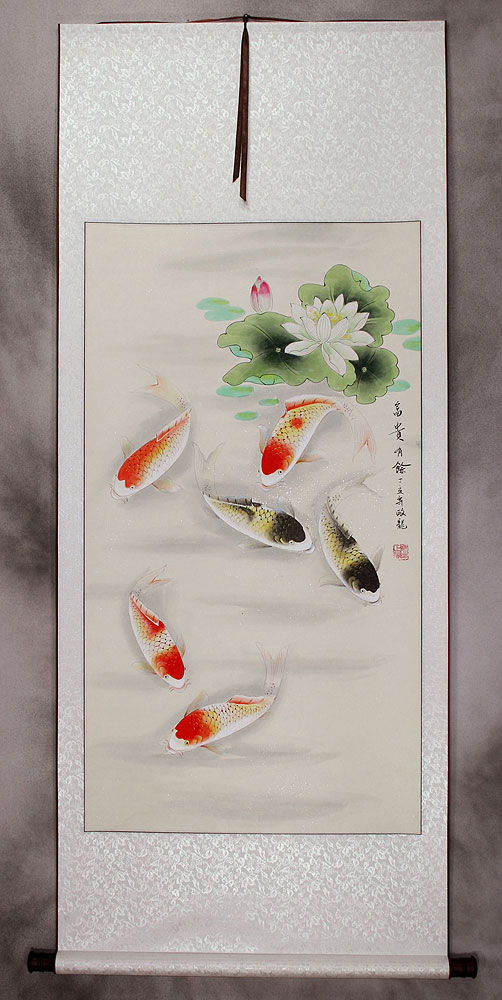 Chinese Koi Fish and Lotus Pond Wall Scroll
