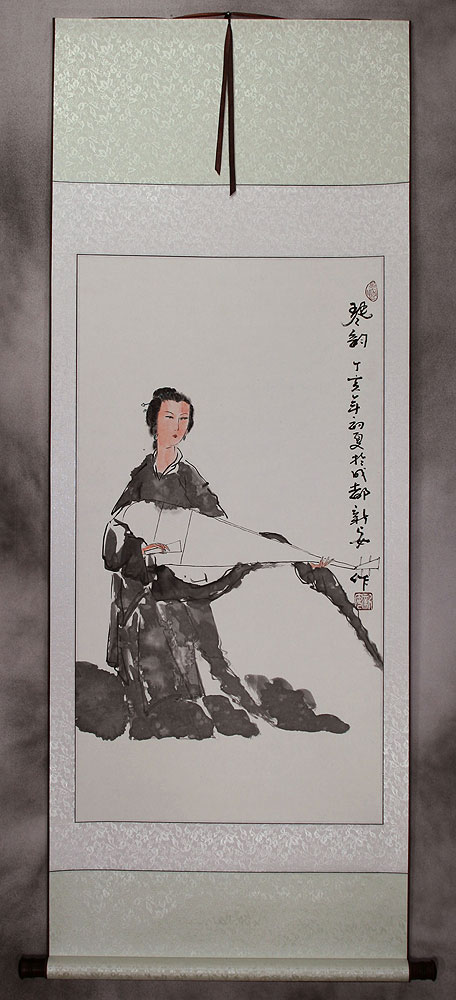 Abstract Woman and Lute Chinese Scroll