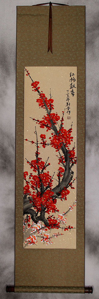 Bright Red Plum Blossom Wall Scroll