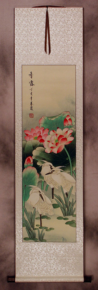 Fragrant Dew of the Lotus Pond - Asian Egrets Wall Scroll