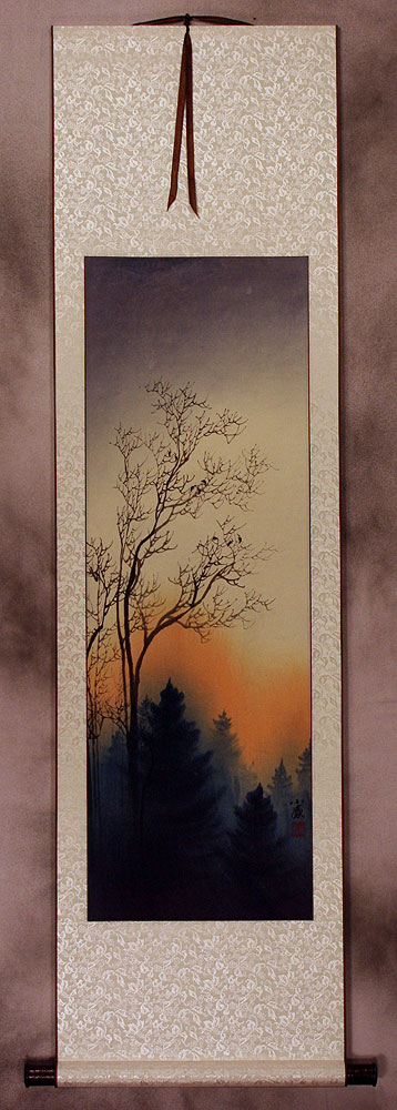 Colorful Asian Cranes Wall Scroll