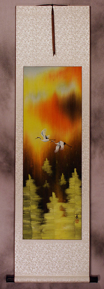 Cranes Taking Flight in Autumn Wall Scroll