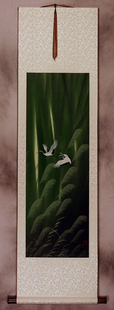 Summer Chinese Cranes Landscape Wall Scroll