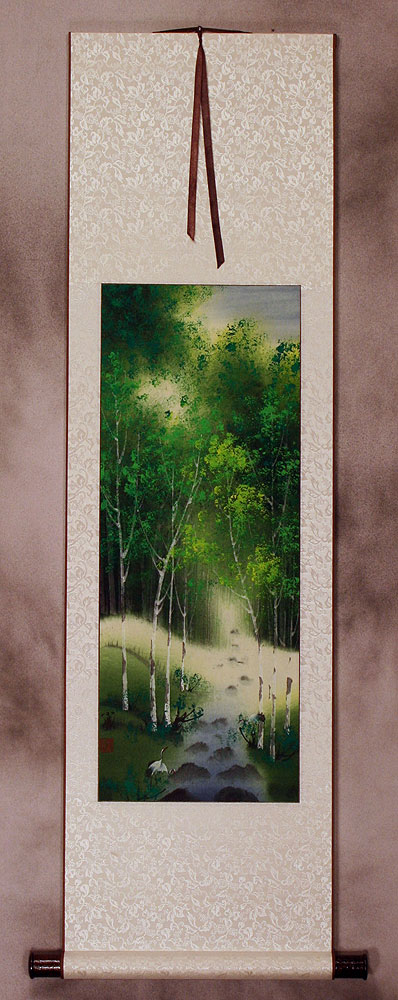 Singing Cranes - Asian Mountain Stream Small Wall Scroll