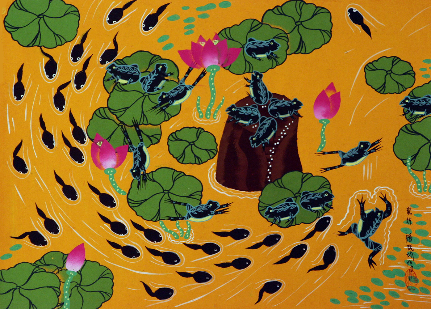 Exercising Frogs and Tadpoles Folk Art