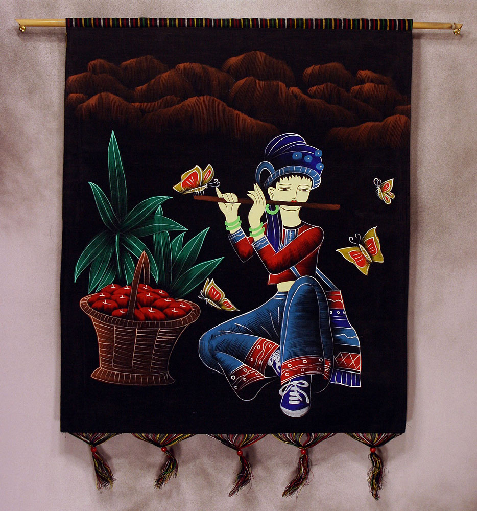Beautiful Flute Girl of China Painted Batik Wall Hanging