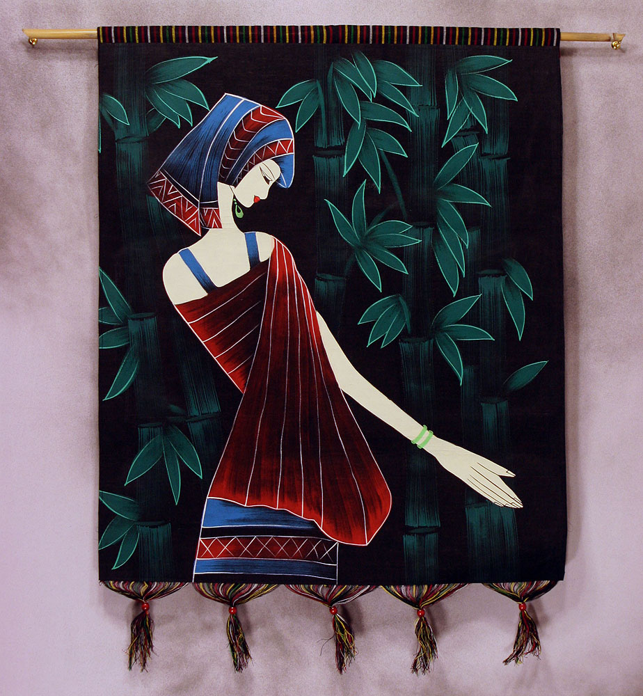 Beautiful Girl in Bamboo of China Painted Batik Wall Hanging