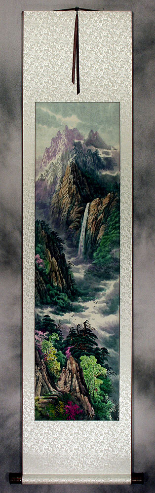 North Korean Waterfall Landscape Wall Scroll