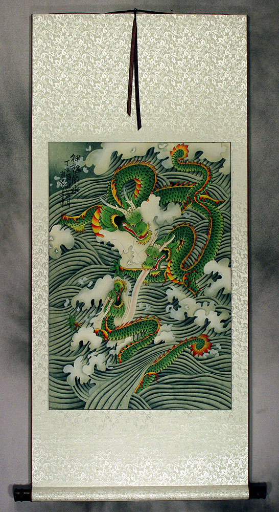 Dragons Play in the Sea - Chinese Silk Scroll