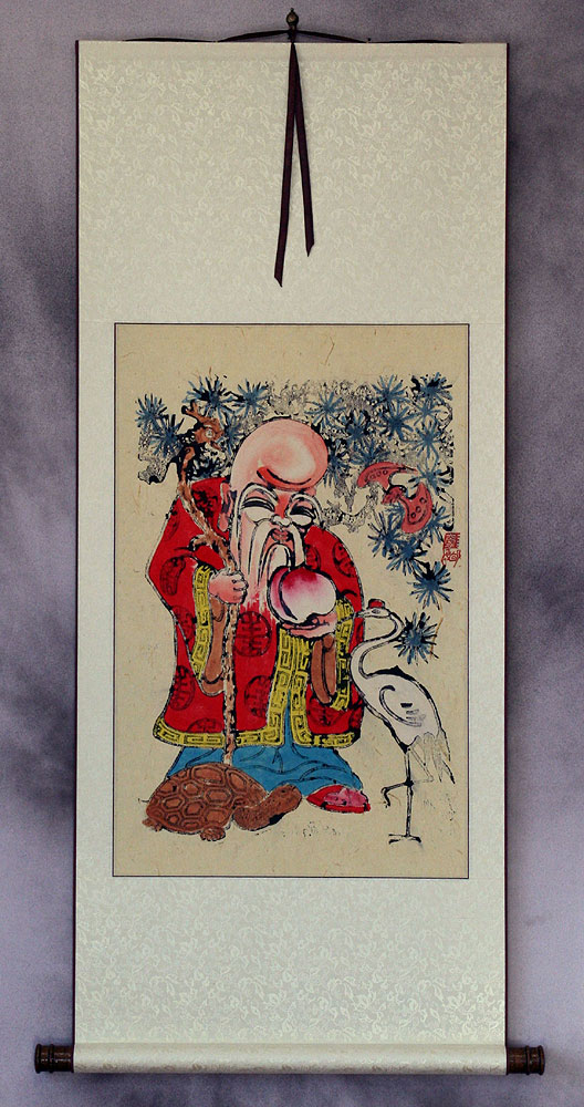 God of Longevity Holding Peach - Woodblock Print Wall Scroll