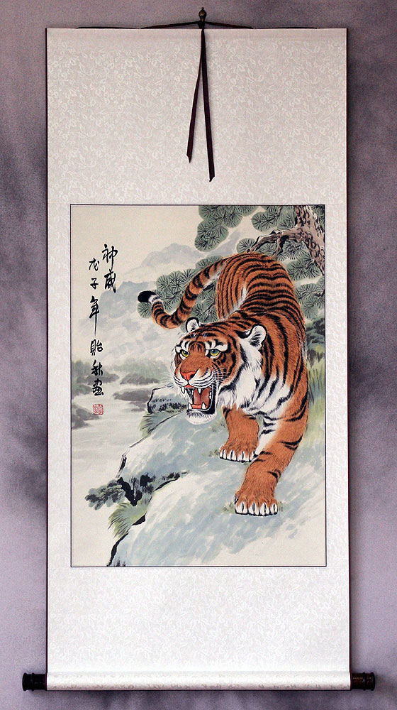 Invincible Might Chinese Tiger Wall Scroll