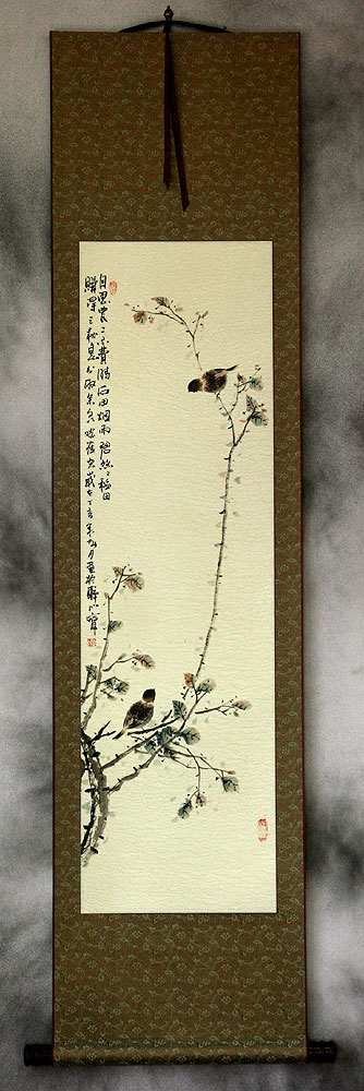 Birds and Persimmon Branch - Chinese Scroll