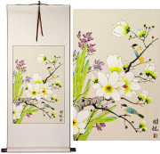 Bird & Flower Painting on Wall Scroll
