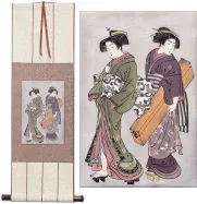 Geisha & Servant Carrying a Shamisen Box<br>Japanese Print<br>Small Hanging Scroll