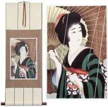 Rain<br>Woman & Parasol<br>Woodblock Print Repro<br>Japanese Scroll