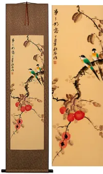 Everything As You Wish<br>Persimmon and Bird Wall Scroll
