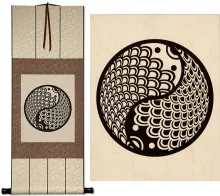 Yin Yang Fish Print on Handmade Grass Fiber Paper<br>Wall Scroll