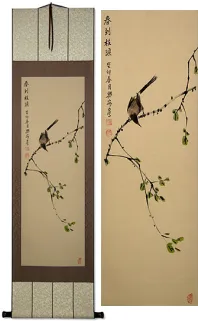 Spring Arrives on Branches Bird and Flower Wall Scroll
