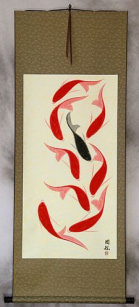 Large Nine Abstract Chinese Koi Fish Wall Scroll