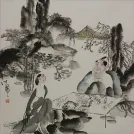 Jiang Feng's Drinking Tea with a Beauty Abstract Chinese Painting