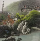 Asian River Boat Village Landscape Painting