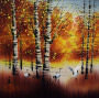 Birch Forest in Autumn<br>Asian Cranes Landscape Painting