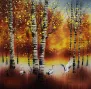 Autumn in Birch Forest<br>Asian Cranes Landscape Painting