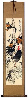 Good Luck Rooster and Lychee Wall Scroll