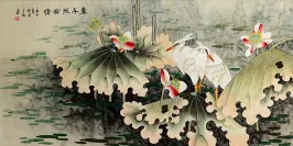 Egrets and Lotus Flowers<br>Eternal Love<br>Large Painting