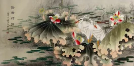 Sentimental Egrets in the Lotus Pond Large Painting