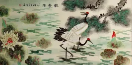 Lotus, Pine Tree and Cranes Longevity Large Painting