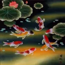 Nine Koi Fish and Lotus Flowers Asian Painting