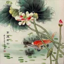 Big Koi Fish and Lotus Flower  Asian Art