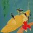 Asian Woman Wading by Boat and Birds<br>Modern Asian Art Painting