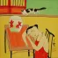 Asian Woman and Goldfish with Cat Modern  Art Painting