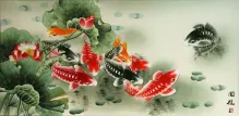 Large Koi Fish and Lotus Flower Asian Art