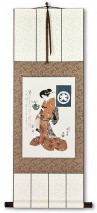 Woman Carrying Morning Glory in a Bowl - Japanese Print Repro - Wall Scroll