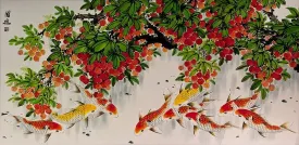 Huge Koi Fish and Lychee Fruit Asian Painting
